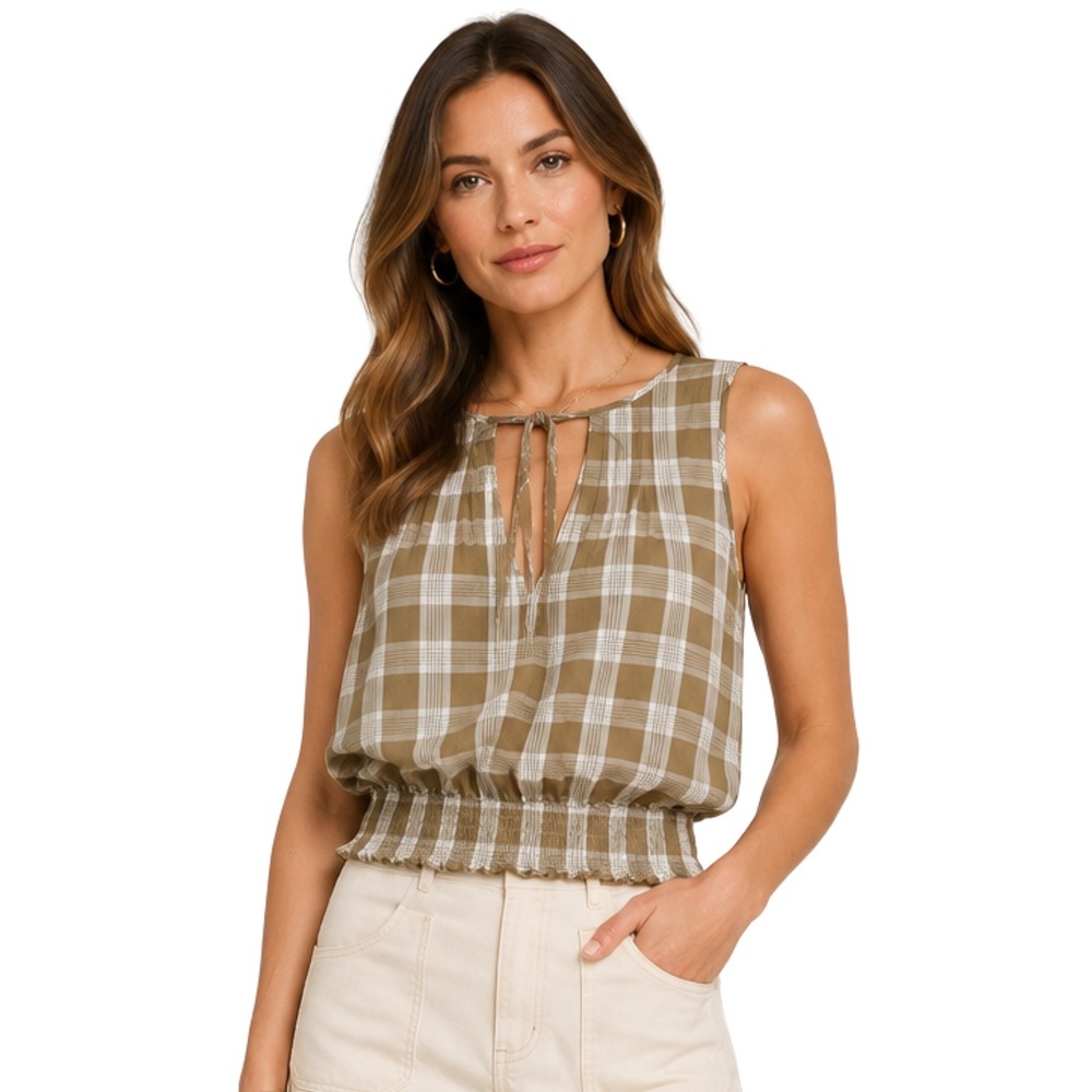 Patagonia Top Womens Size 8 Khaki White Gardener Organic Cotton Plaid Smocked